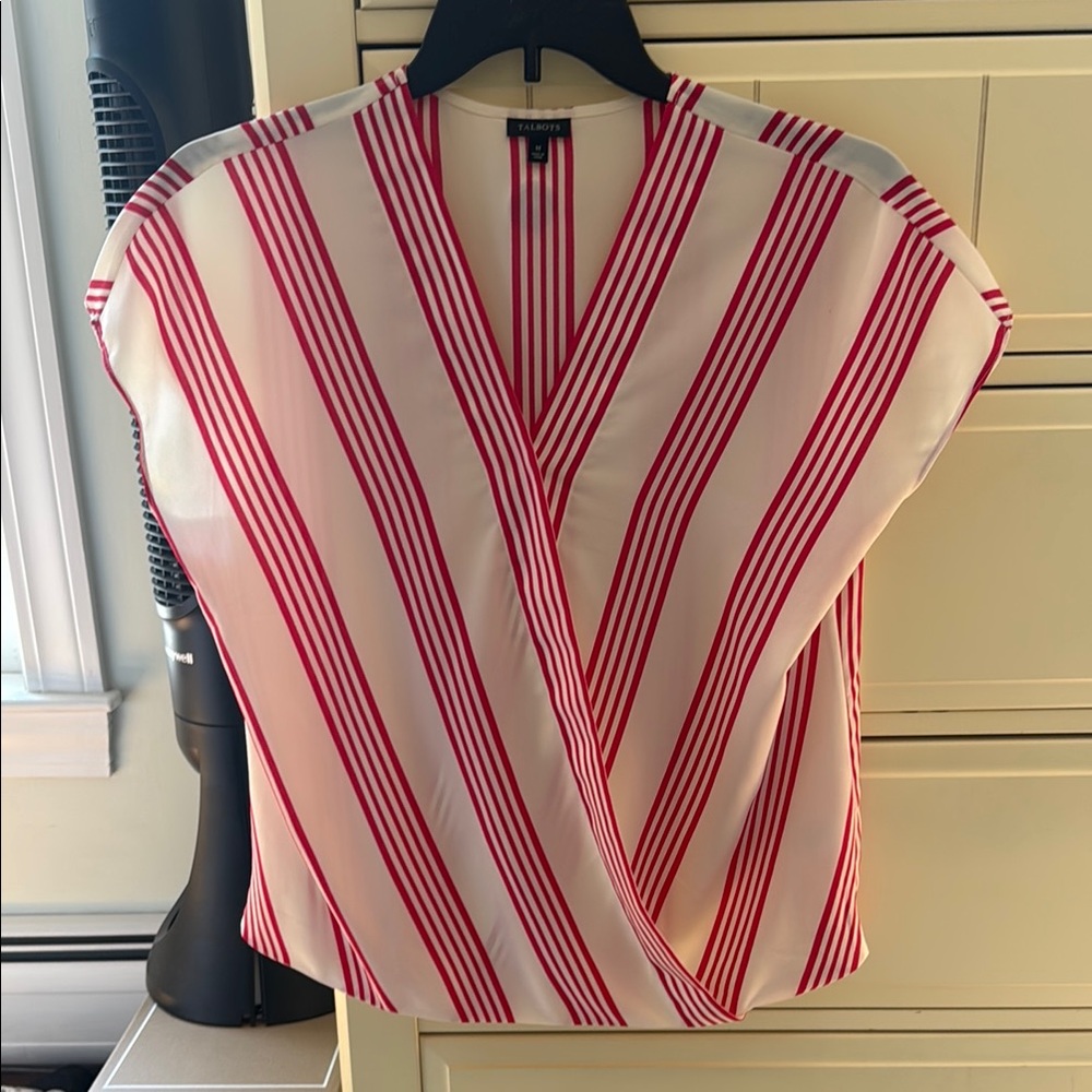 Talbots Elan Pink and White Wrap Blouse Cap Sleeve
